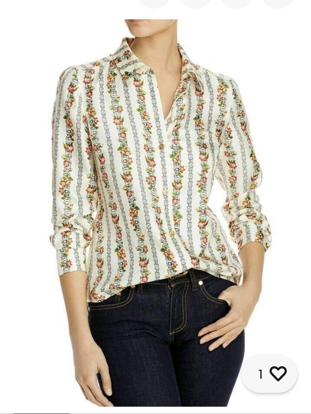 100% Silk TORY BURCH Floral Stripe Button Down Blouse